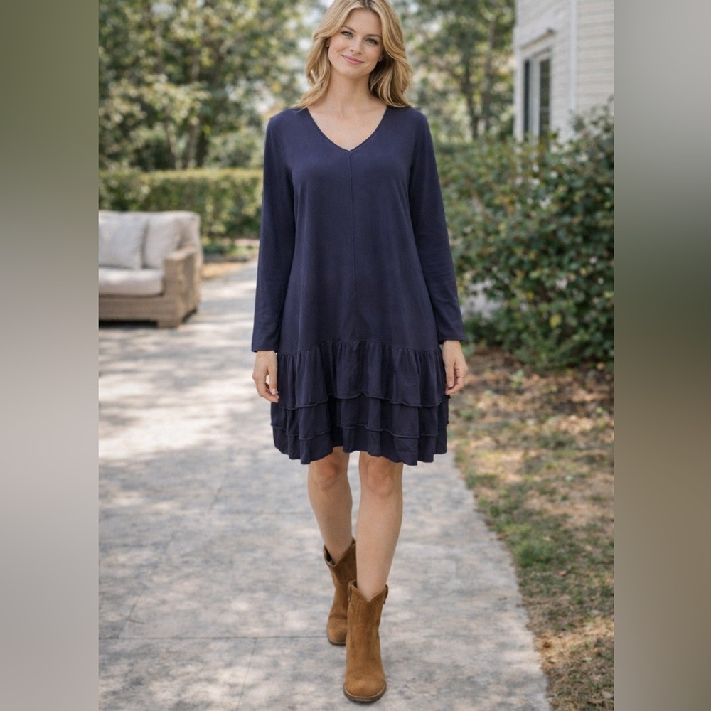 Style & Co Swing Dress With Drop Waist And Ruffle Hem Long Sleeve Sz XL Navy
